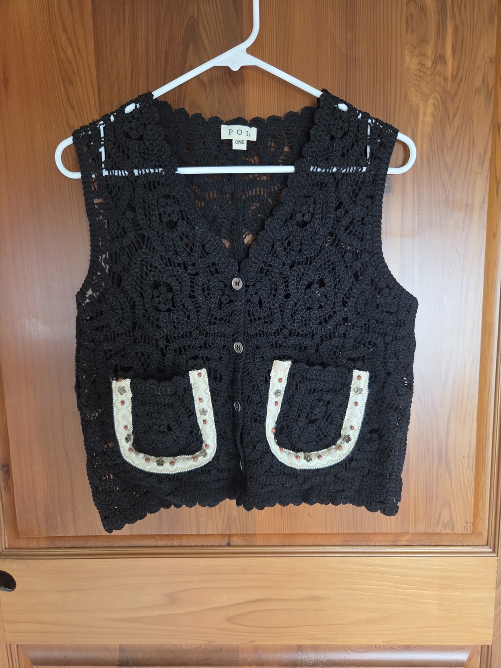 NEW, POL Black Crochet Vest with Cream Pocket Trim